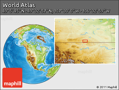 Physical Location Map of the Area around 49° 19' 21" N, 107° 1' 30" W