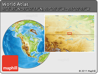 Physical Location Map of the Area around 49° 19' 21" N, 107° 1' 30" W