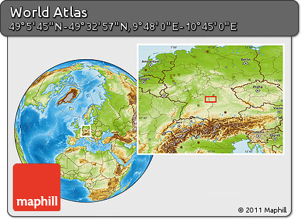 Physical Location Map of the Area around 49° 19' 21" N, 10° 16' 30" E