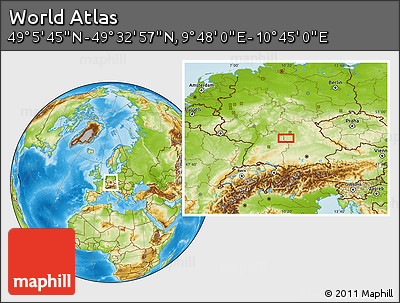 Physical Location Map of the Area around 49° 19' 21" N, 10° 16' 30" E