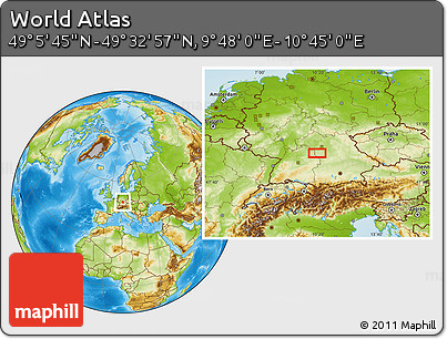 Physical Location Map of the Area around 49° 19' 21" N, 10° 16' 30" E