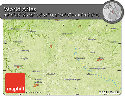 Physical Map of the Area around 49° 19' 21" N, 10° 16' 30" E