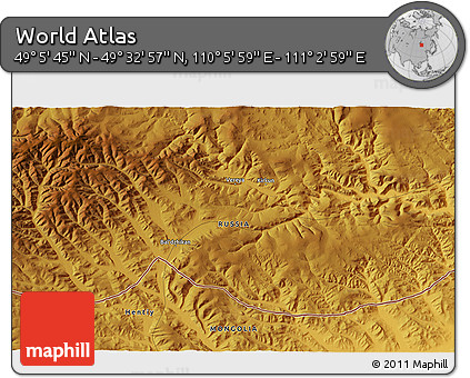 Physical 3D Map of the Area around 49° 19' 21" N, 110° 34' 29" E