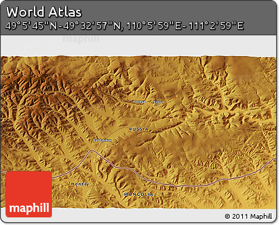 Physical 3D Map of the Area around 49° 19' 21" N, 110° 34' 29" E