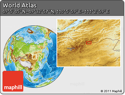 Physical Location Map of the Area around 49° 19' 21" N, 110° 34' 29" E