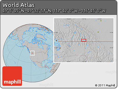 Gray Location Map of the Area around 49° 19' 21" N, 117° 13' 29" W, hill shading