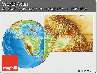 Physical Location Map of the Area around 49° 19' 21" N, 117° 13' 29" W