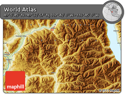 Physical Map of the Area around 49° 19' 21" N, 117° 13' 29" W