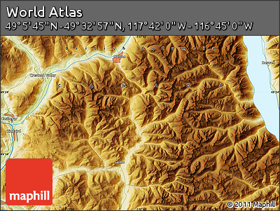 Physical Map of the Area around 49° 19' 21" N, 117° 13' 29" W