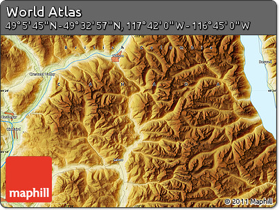 Physical Map of the Area around 49° 19' 21" N, 117° 13' 29" W