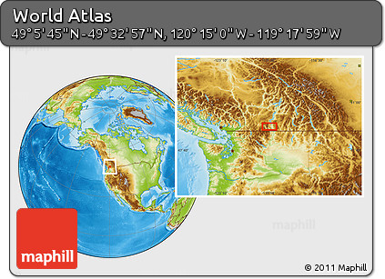 Physical Location Map of the Area around 49° 19' 21" N, 119° 46' 30" W