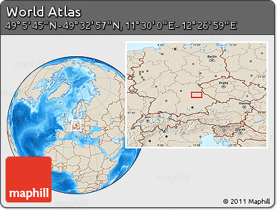 Shaded Relief Location Map of the Area around 49° 19' 21" N, 11° 58' 29" E