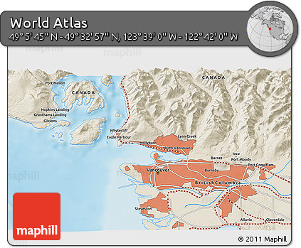 Shaded Relief 3D Map of the Area around 49° 19' 21" N, 123° 10' 30" W