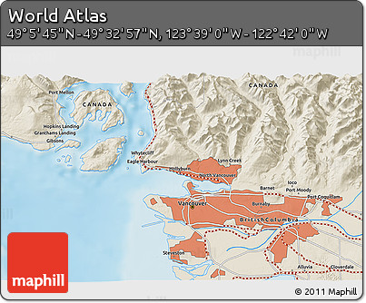 Shaded Relief 3D Map of the Area around 49° 19' 21" N, 123° 10' 30" W