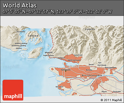 Shaded Relief 3D Map of the Area around 49° 19' 21" N, 123° 10' 30" W