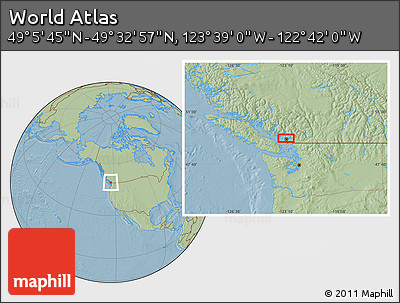 Savanna Style Location Map of the Area around 49° 19' 21" N, 123° 10' 30" W, hill shading