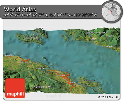 Satellite 3D Map of the Area around 49° 19' 21" N, 124° 1' 30" W