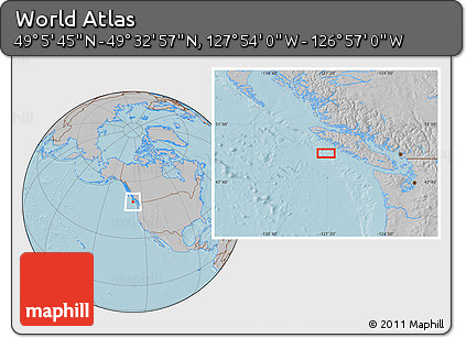 Gray Location Map of the Area around 49° 19' 21" N, 127° 25' 30" W, hill shading