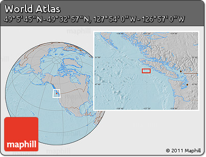 Gray Location Map of the Area around 49° 19' 21" N, 127° 25' 30" W, hill shading