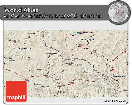 Shaded Relief 3D Map of the Area around 49° 19' 21" N, 12° 49' 29" E