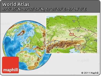 Physical Location Map of the Area around 49° 19' 21" N, 12° 49' 29" E