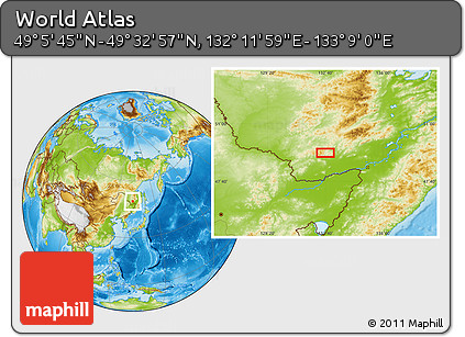 Physical Location Map of the Area around 49° 19' 21" N, 132° 40' 30" E