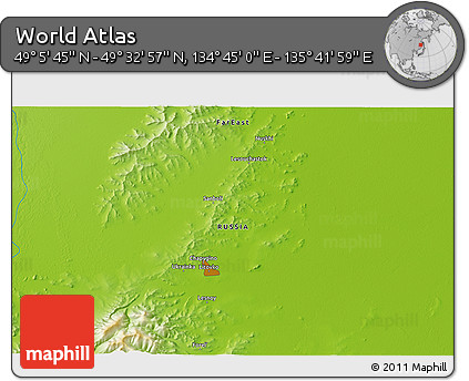 Physical 3D Map of the Area around 49° 19' 21" N, 135° 13' 29" E