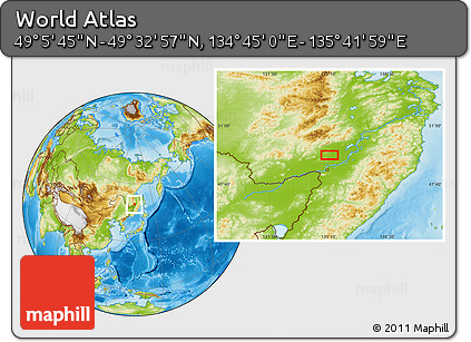 Physical Location Map of the Area around 49° 19' 21" N, 135° 13' 29" E