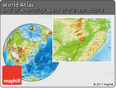 Physical Location Map of the Area around 49° 19' 21" N, 135° 13' 29" E