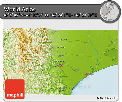 Physical 3D Map of the Area around 49° 19' 21" N, 142° 52' 30" E