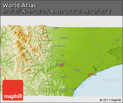 Physical 3D Map of the Area around 49° 19' 21" N, 142° 52' 30" E