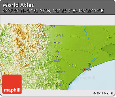 Physical 3D Map of the Area around 49° 19' 21" N, 142° 52' 30" E