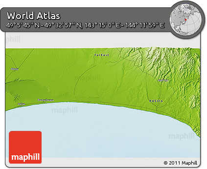 Physical 3D Map of the Area around 49° 19' 21" N, 143° 43' 29" E