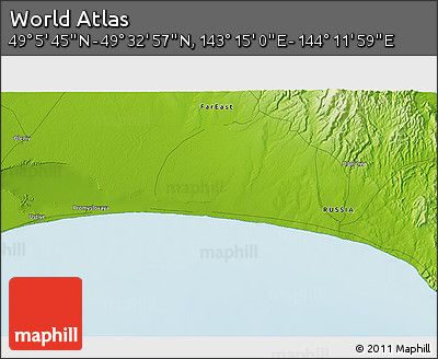 Physical 3D Map of the Area around 49° 19' 21" N, 143° 43' 29" E