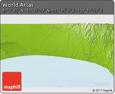 Physical 3D Map of the Area around 49° 19' 21" N, 143° 43' 29" E