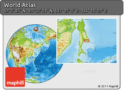 Physical Location Map of the Area around 49° 19' 21" N, 143° 43' 29" E