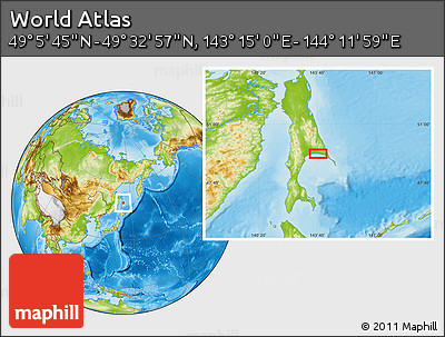 Physical Location Map of the Area around 49° 19' 21" N, 143° 43' 29" E