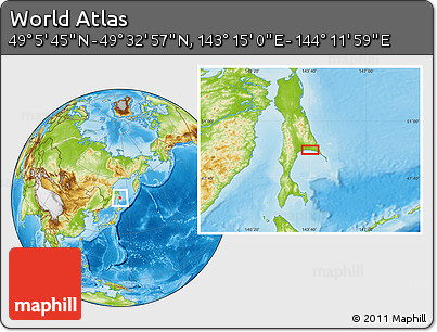 Physical Location Map of the Area around 49° 19' 21" N, 143° 43' 29" E