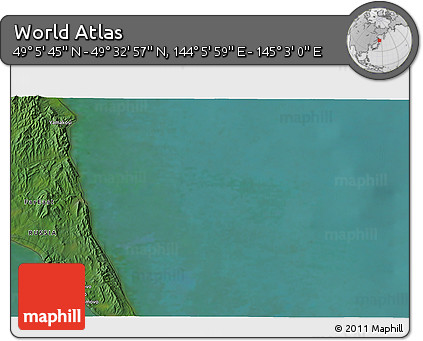 Satellite 3D Map of the Area around 49° 19' 21" N, 144° 34' 29" E