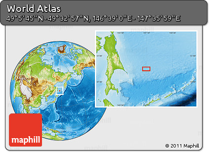 Physical Location Map of the Area around 49° 19' 21" N, 147° 7' 30" E