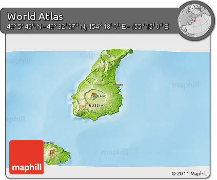 Physical 3D Map of the Area around 49° 19' 21" N, 154° 46' 30" E