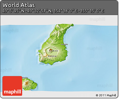 Physical 3D Map of the Area around 49° 19' 21" N, 154° 46' 30" E