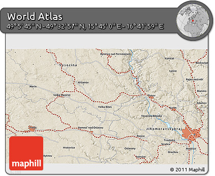 Shaded Relief 3D Map of the Area around 49° 19' 21" N, 16° 13' 30" E