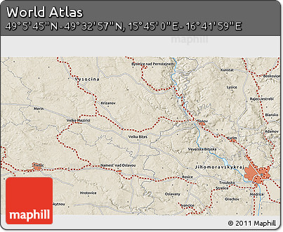 Shaded Relief 3D Map of the Area around 49° 19' 21" N, 16° 13' 30" E