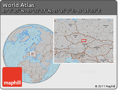 Gray Location Map of the Area around 49° 19' 21" N, 16° 13' 30" E, hill shading