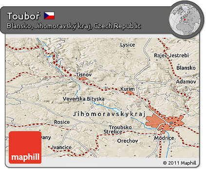 Shaded Relief Panoramic Map of Touboř
