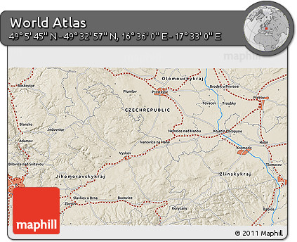 Shaded Relief 3D Map of the Area around 49° 19' 21" N, 17° 4' 30" E