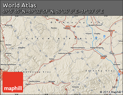 Shaded Relief Map of the Area around 49° 19' 21" N, 17° 4' 30" E