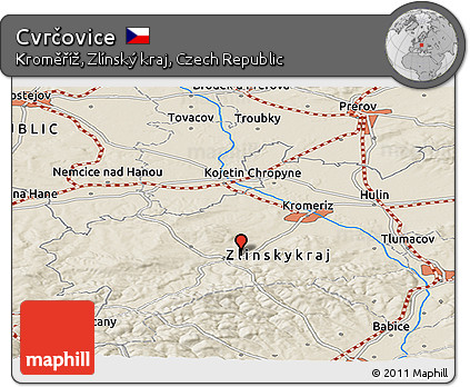 Shaded Relief Panoramic Map of Cvrčovice