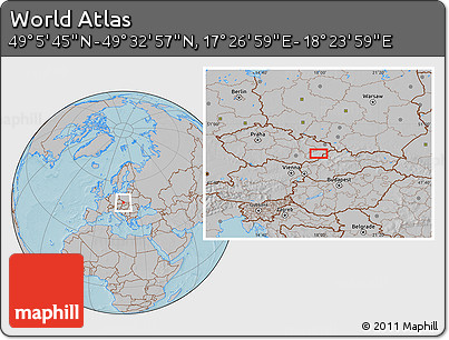 Gray Location Map of the Area around 49° 19' 21" N, 17° 55' 29" E, hill shading